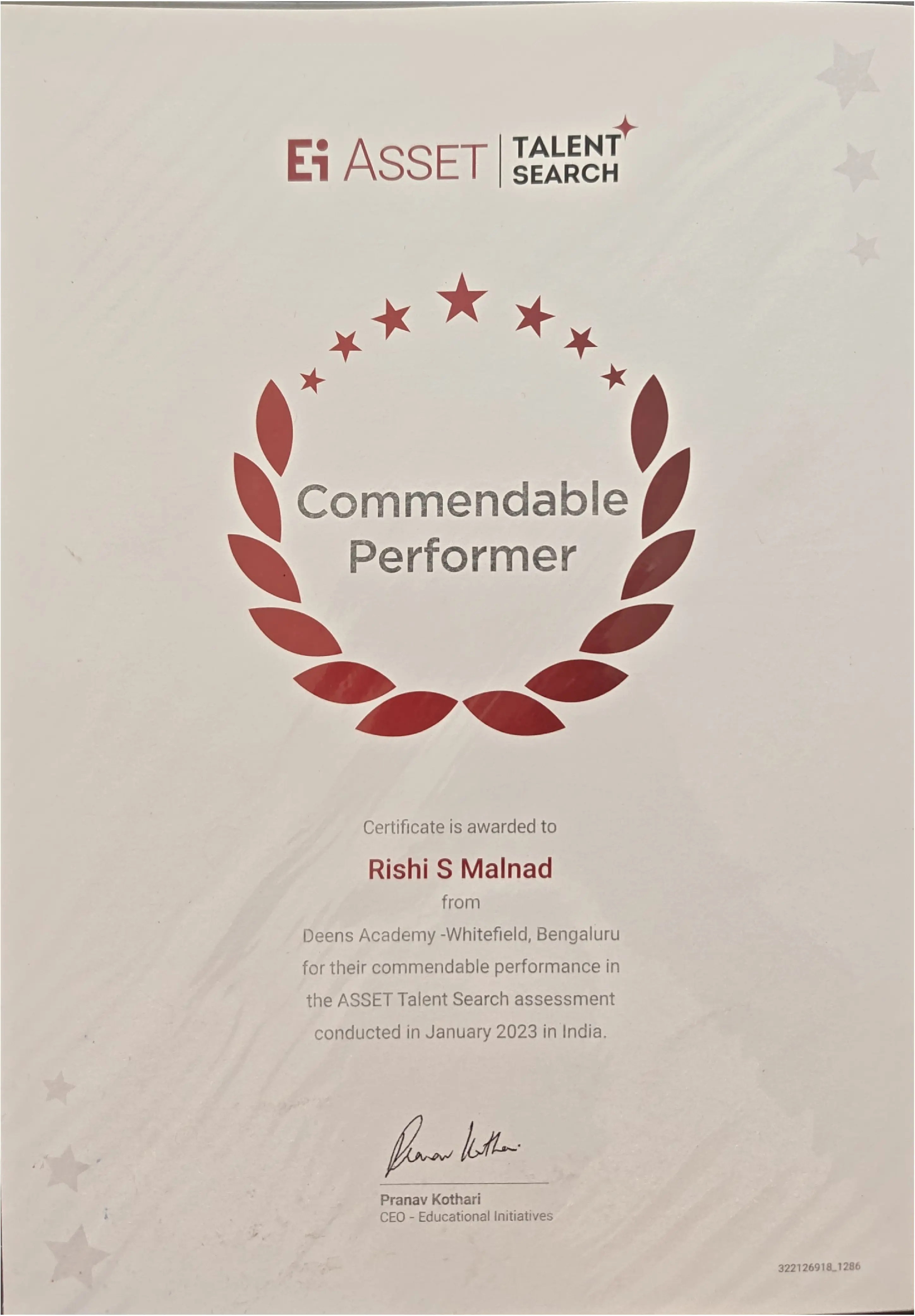 Ei Asset Certificate for Commendable Performer (Grade 7 - 2024/25)